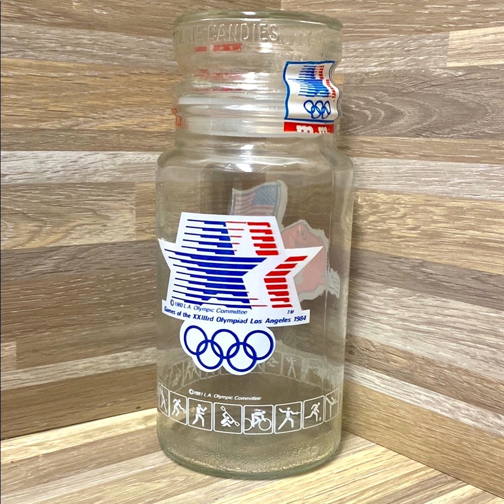 M&M'S Glass Jar with Orange and Green Characters Los Angeles Olympics vintage 80 - Picture 2 of 8